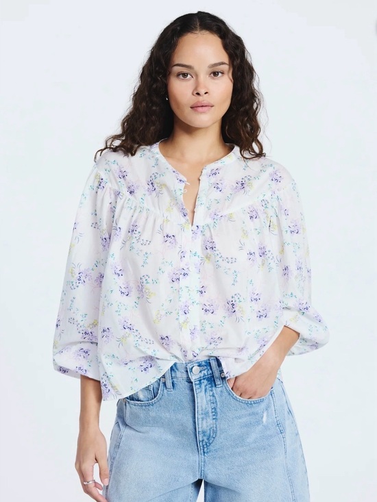 Scoop Tops - Scoop Womens XS Flowy Blouson Cotton Blouse White Purple Floral Long Sleeve Top